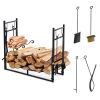 Outsunny Firewood Rack with Fireplace Tools, Indoor OutdoorFirewood Holder, Includes Poker, Tongs, Broom, Shovel, Black