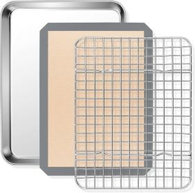 9 x 7 x 1 Inch Toaster Oven Pan with Grid Rack and Silicone Mat, Stainless Steel Toaster Oven Tray Baking Pan with Cooling Roasting Rack