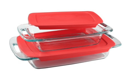 Pyrex Easy Grab 4-piece Rectangular Glass Bakeware Set with Red Lids