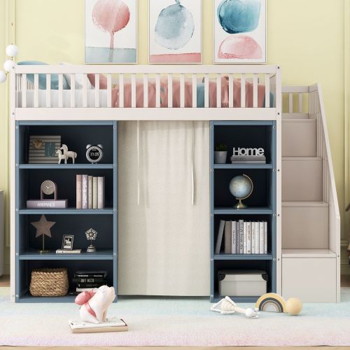 Full Size Loft Bed with 2 Four-layer Storage Cabinets and Curtain Full Size Loft Bed with 2 Four-layer Storage Cabinets and Curtain