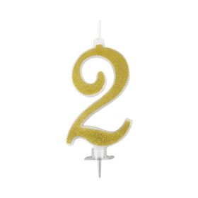 Gold Birthday Candles for Cake, Premium Glitter 2nd Number Candle Birthday Party Wedding Anniversary 14cm* 12pcs
