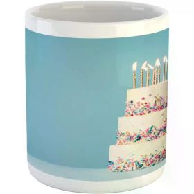 Ambesonne Colorful Mug, Happy Colored Sprinkles and Candles on Birthday Party Cake Image, Ceramic Coffee Mug