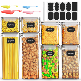 8 PCS Plastic Kitchen and Pantry Organization Canisters for Cereal, Dry Food, Flour and Sugar, BPA Free, Free Spoon Set, Labels & Marker
