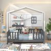 Twin Wood House Bed Montessori Floor Bed with 2 Shelves and Guardrails
