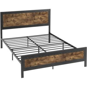 Industrial Rivet Platform Bed Frame with Headboard in Rustic Wood Finish (size: Queen)