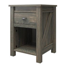 Farmhouse 1-Drawer Bedroom Nightstand with Open Shelf (Color: rustic grey oak)
