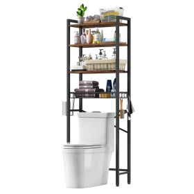 Over the Toilet Storage Freestanding Industrial Metal Wood Shelving Unit (Color: black brown)