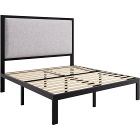 Black Metal Platform Bed Frame with Tall Grey Linen Upholstered Headboard (size: Full)