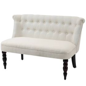 Scandinavian 2 Seater Button Tufted Loveseat Wooden Legs (Color: CREAM WHITE)