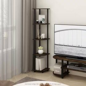 5-Shelf Modern Corner Bookcase Wood Finish (Color: black brown)