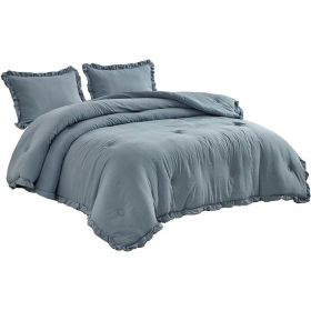 Oversized Blue Ruffled Edge Microfiber Comforter Set (Color: Blue, size: King)