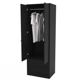 Black 2-Door Bedroom Armoire Wardrobe Cabinet with Hanging Rod and 2-Drawers (Color: White)