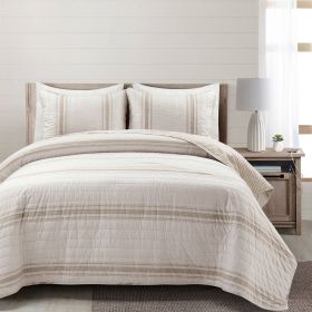 Stripe Reversible Cotton Quilt Set (Color: beige off-white cream, size: full/queen)