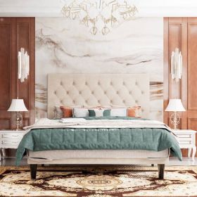 Linen Upholstered Platform Bed with Button-Tufted Headboard (Color: Beige, size: King)