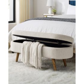 Mid-Century Modern Boho Style Linen Bedroom Storage Bed Bench (Color: off-white beige)