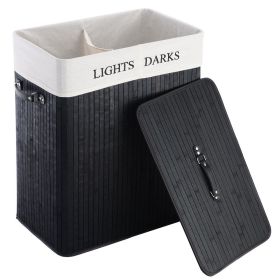 Bamboo 2-Bin Lights Darks Laundry Hamper with Handles (Color: Black)
