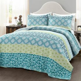 Cotton 3 Piece Reversible Blue White Green Floral Damask Quilt Set (size: full/queen)