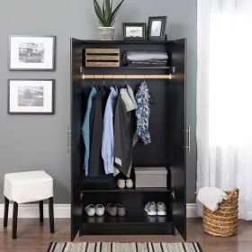 Black Freestanding Bedroom Cabinet Armoire Wardrobe Closet with Hanging Rail (Color: Black)