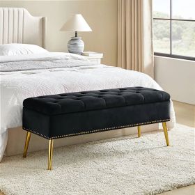 Mid-Century Modern End of Bed Storage Bench Velvet Seat and Gold Legs (Color: Black)