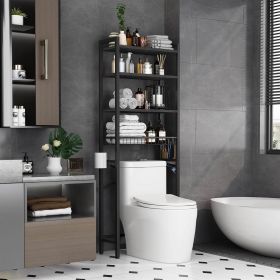 Black Over the Toilet Storage Freestanding Industrial Metal Wood Shelving Unit (Color: Black)