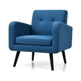 Mid-Century Modern Linen Upholstered Accent Chair with Wooden Legs (Color: Blue)