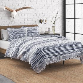 3-Piece Scandinavian Black White Reversible Cotton Set (Color: blue white, size: full/queen)