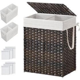 PP Rattan Laundry Hamper Basket w/ 2-Compartment Washable Liner Bag (Color: Brown, size: 24-gal)