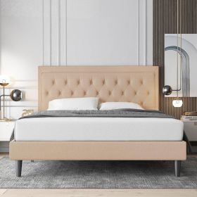 Beige Linen Platform Bed Frame with Button Tufted Headboard (size: Queen)