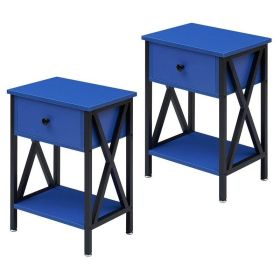Set of 2 - 1 Drawer Nightstand  Wood Finish (Color: dark blue black)