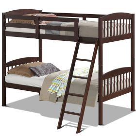 Twin over Twin Wooden Bunk Bed with Ladder Wood Finish (Color: dark brown)