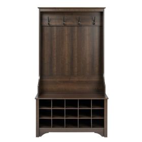 Entryway Hall Tree Shoe Cubbie Coat Rack (Color: drak brown)