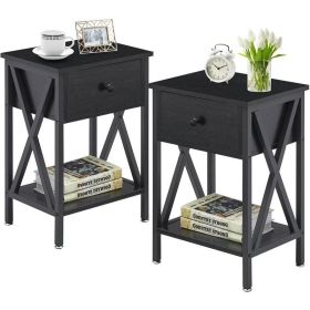 Set of 2 - Rustic 1 Drawer Nightstand with X-Shaped Sides (Color: Black)