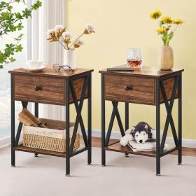 Set of 2 - Rustic 1 Drawer Nightstand with X-Shaped Sides (Color: brown black)