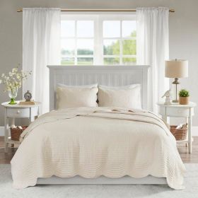 3-Piece Reversible Scalloped Edges Microfiber Quilt Set (Color: cream, size: full/queen)