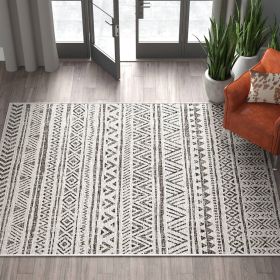 Chevron Coastal Boho Style Indoor Outdoor Area Rug (Color: black off-white, size: 5-ft x 8-ft)