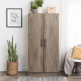 Bedroom Armoire Wardrobe Cabinet with Hanging Rail Wood Finish (Color: grey brown)