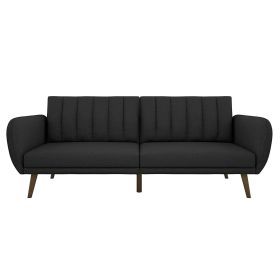 Linen Upholstered Futon Sofa Bed with Mid-Century Style Wooden Legs (Color: Dark Grey)