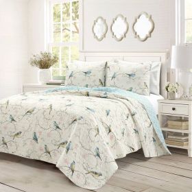 Reversible Polyester Lightweight Floral Birds 3 Piece Quilt Set (size: King)
