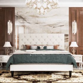 Faux Leather Upholstered Platform Bed with Button-Tufted Headboard (Color: White, size: King)
