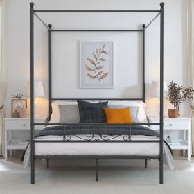 Four Poster French Country Metal Canopy Bed (Color: Black, size: Queen)