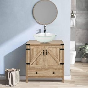 Modern Farmhouse Bathroom Vanity with Wooden Sliding Door and Glass Sink (Color: frosted sink)