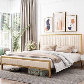 Gold Metal Platform Bed Frame with Velvet Upholstered Headboard (size: full'color)