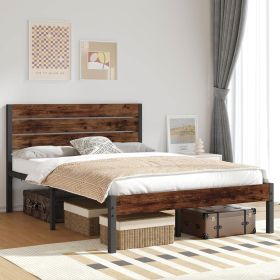 Modern Farmhouse Metal Platform Bed Frame with Brown Wood Headboard (size: Full)