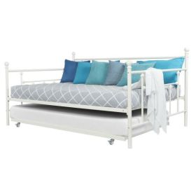 Full size Metal Daybed with Twin Roll-out Trundle Bed (Color: White)