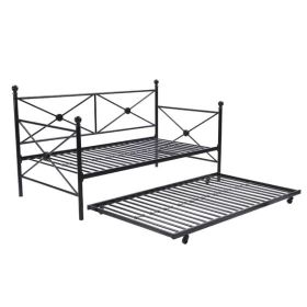 Full size Metal Daybed with Twin Roll-out Trundle Bed (Color: Black)