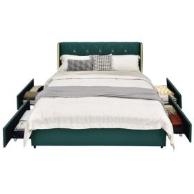 Linen Headboard 4 Drawer Storage Platform Bed (Color: green gold, size: Full)