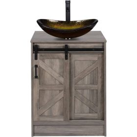 Modern Farmhouse Bathroom Vanity with Wooden Sliding Door and Glass Sink (Color: gold sink)