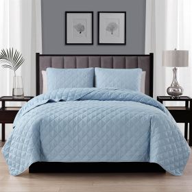 Polyester Microfiber Reversible Diamond Quilt Set (Color: light blue, size: full/queen)
