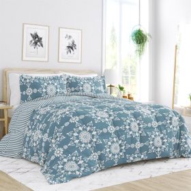 Full/Queen size 3-Piece Reversible Floral Striped Comforter Set (Color: blue white, size: full/queen)