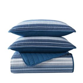 Coastal Blue Stripe Reversible Cotton Quilt Set (size: full/queen)
